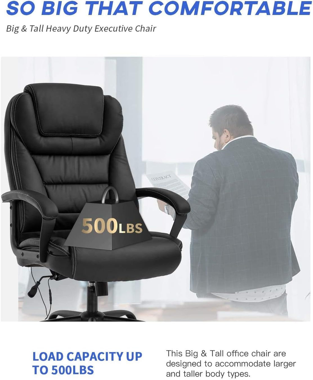 Big & Tall Home Office Chair Desk Chair Executive Chair 500LBS Ergonomic High Back Leather Computer Chair with Lumbar Support Headrest Massasge Height Adjustable Swivel Task Chair for Adult Women Men