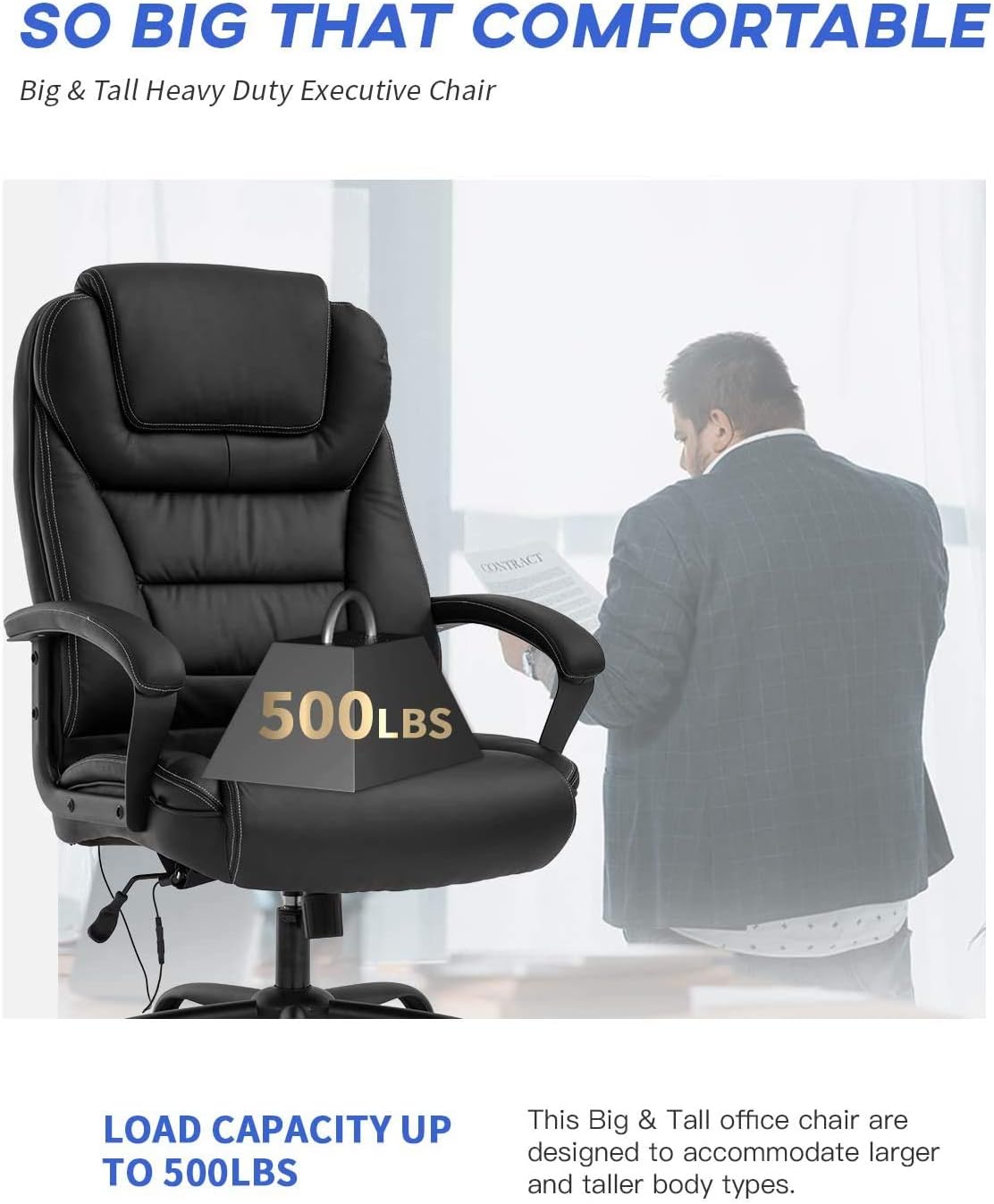 Big & Tall Home Office Chair Desk Chair Executive Chair 500LBS Ergonomic High Back Leather Computer Chair with Lumbar Support Headrest Massasge Height Adjustable Swivel Task Chair for Adult Women Men