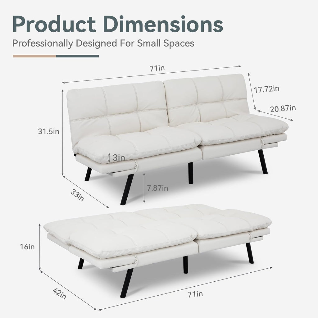 Vyfipt Convertible Futon Sofa Bed, White Faux Leather Futon Couch with Adjustable Backrest & Armrests, Folding Small Recliner Sleeper Sofa Bed for Living Room, Apartment, Office