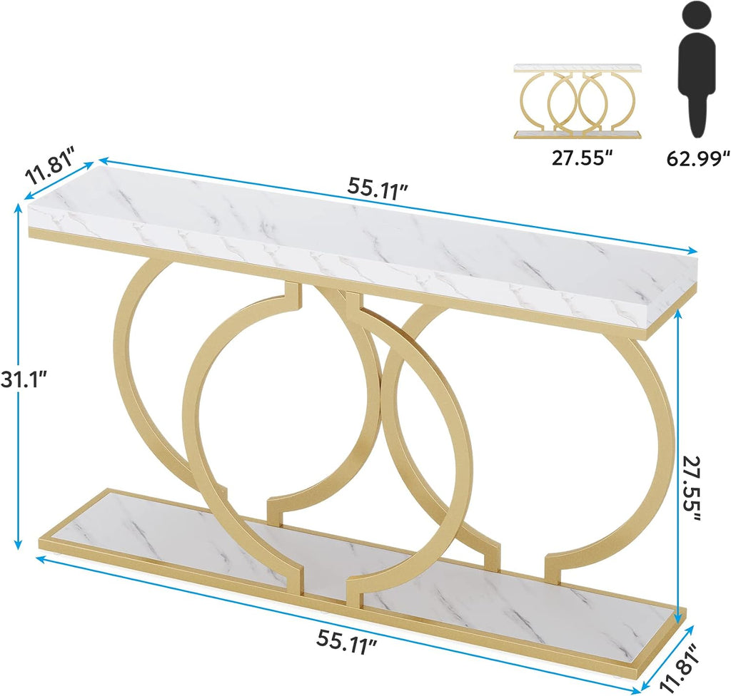 Tribesigns Gold Console Table, 55 inch Modern Entryway Table with Geometric Metal Frame, Faux Marble Narrow Long Sofa Table for Living Room, Entrance, Hallway, White and Gold