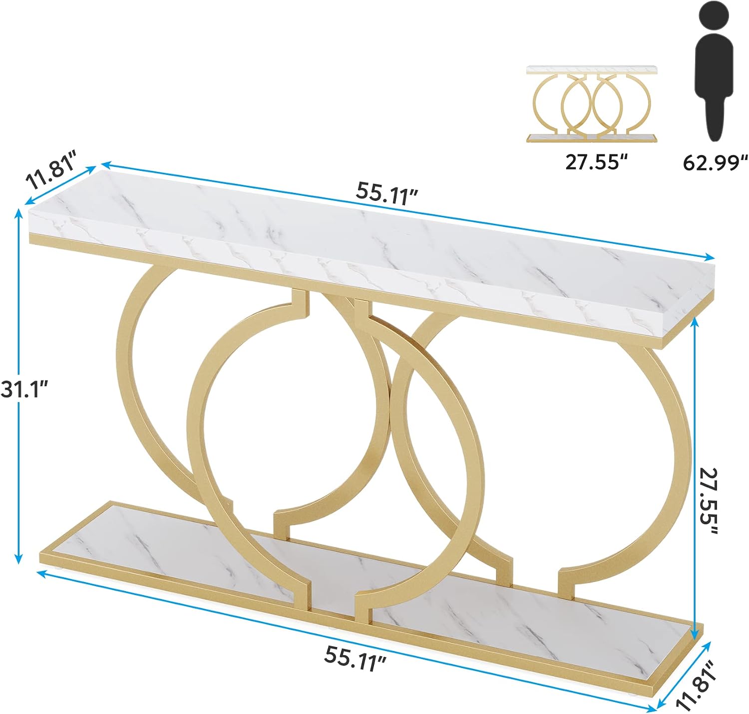 Tribesigns Gold Console Table, 55 inch Modern Entryway Table with Geometric Metal Frame, Faux Marble Narrow Long Sofa Table for Living Room, Entrance, Hallway, White and Gold