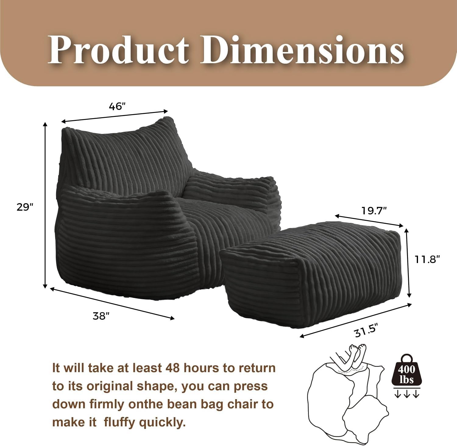 Giant Plush Bean Bag Chair with armrests for Adults,Reading Chair with Footstool,Black Bean Bag,Comfortable Reading and Gaming Recliner,Relaxing Cloud Sofa (Black, Bean Bag Chair + Footstool)