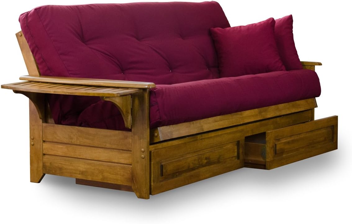 Brentwood Tray Arm Full Size Wood Futon Frame and Storage Drawers - Heritage Finish