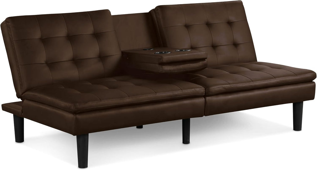 Furniture of America Fallein Modern Contemporary Wood 71.5-inch Futon Sofa Bed with Drop-Down Table, Cup Holders, USB-A Charger, Biscuit Tufting for Bedroom, Guest Room, Brown