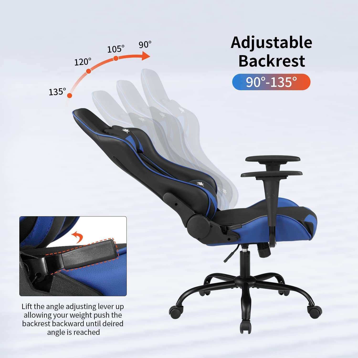 Ergonomic Gaming Chair for Adults with Lumbar Support, High Back Leather Desk Chair, Adjustable Swivel Computer Chair with Footrest and Headrest, Office Chair for Home and Gaming Setup (Blue)