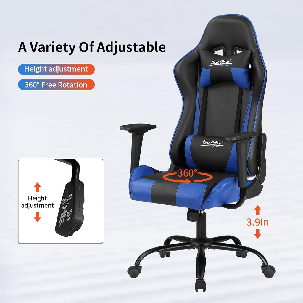 Ergonomic Gaming Chair for Adults with Lumbar Support, High Back Leather Desk Chair, Adjustable Swivel Computer Chair with Footrest and Headrest, Office Chair for Home and Gaming Setup (Blue)