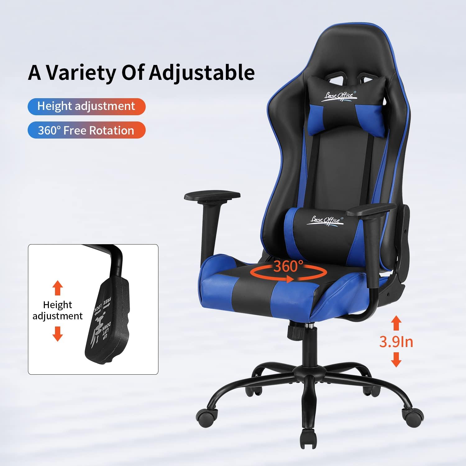 Ergonomic Gaming Chair for Adults with Lumbar Support, High Back Leather Desk Chair, Adjustable Swivel Computer Chair with Footrest and Headrest, Office Chair for Home and Gaming Setup (Blue)