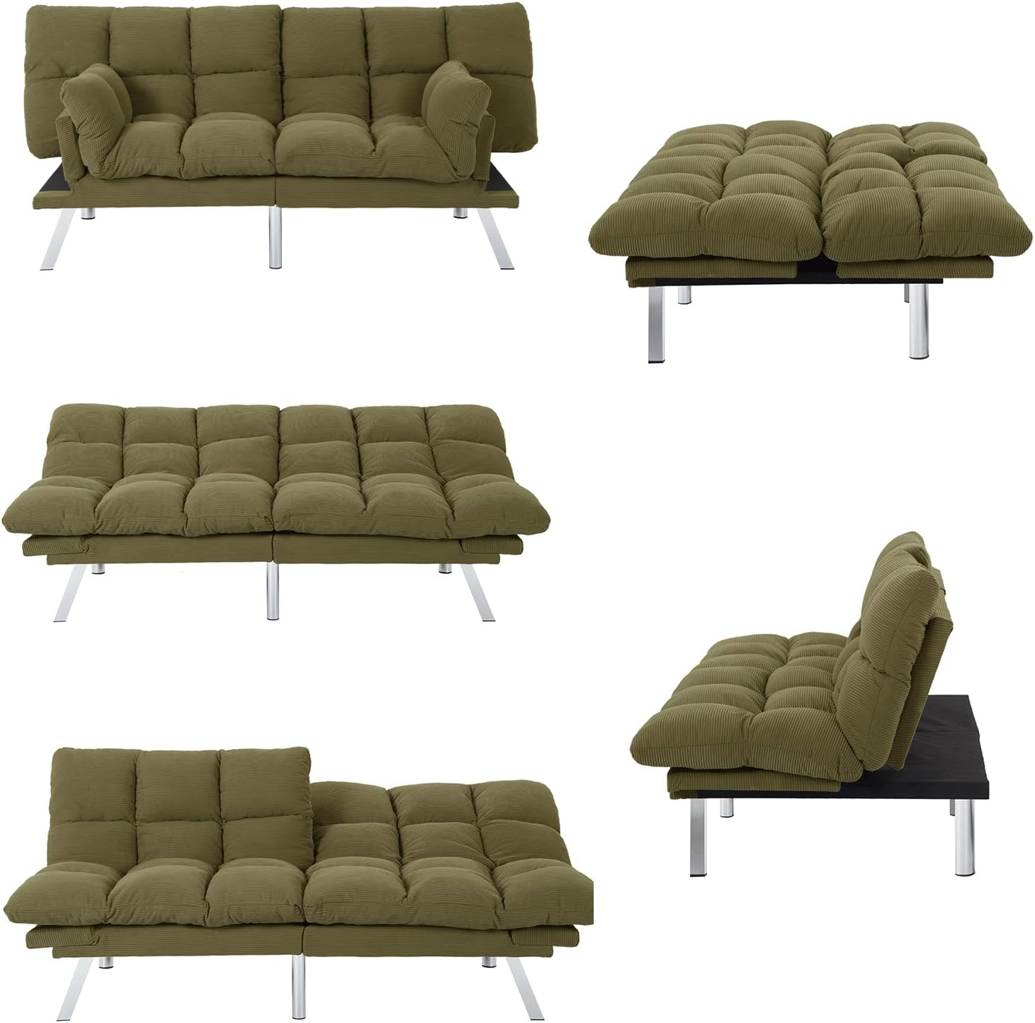 Modern Green Corduroy Convertible Folding Futon Couch Sofa Bed Adjustable Pillow Top Arm Memory Foam Couch Double Loveseat Sofa for Compact Living Space, Game Studio, Apartment, Bedroom (67.3' Green)