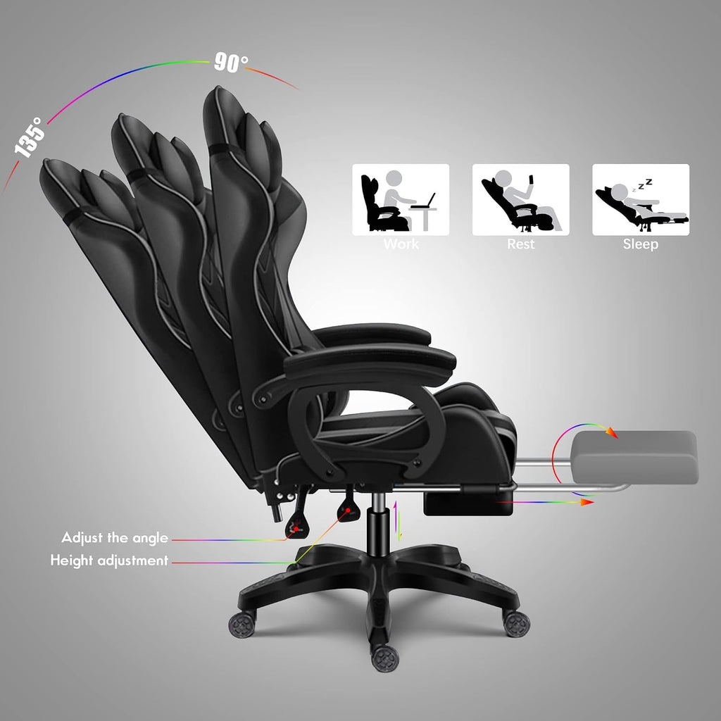 Ergonomic Professional Gaming Chair, Gaming Chair with Massage, Speaker, LED Light, and Footrest, Comfortable Computer Recline with Headrest and Lumbar Support.,White