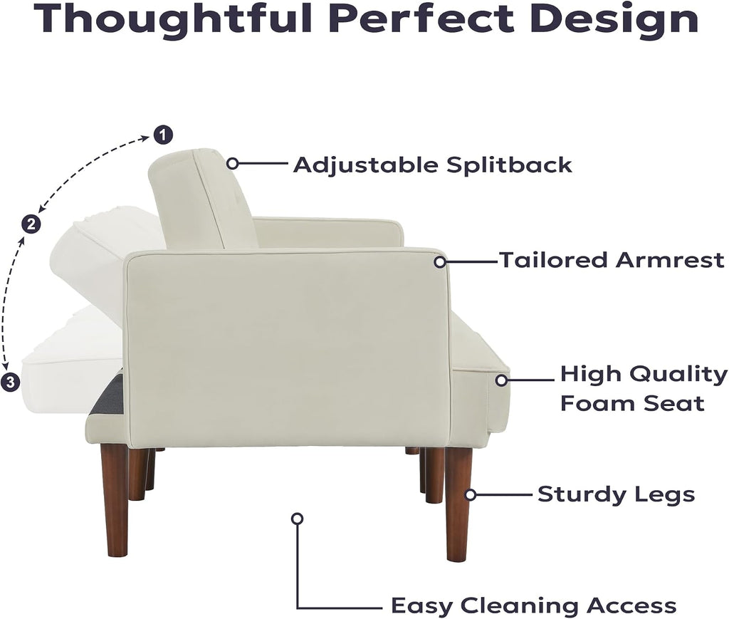 Furnify 71' Velvet Futon Sofa Bed, Versatile Loveseat Couch, Sleeper Sofa with Adjustable Backrest, Mid Century Modern Futon Couch for Small Space, Living Room, Office & Apartment, Velvet Fabric Beige