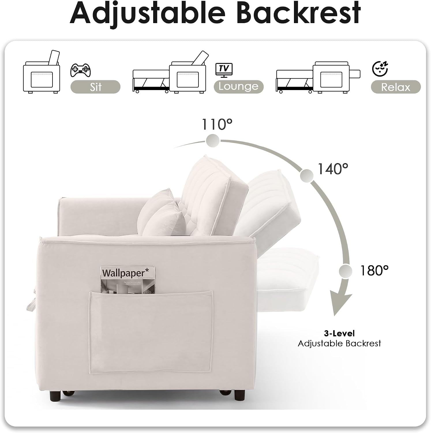 3 in 1 Convertible Sleeper Sofa Bed, 55' Pull Out Couches, Modern Loveseat Sleeper Sofa with Adjustable Reclining Backrest & Side Pockets for Living Room, Velvet Fabric, Beige