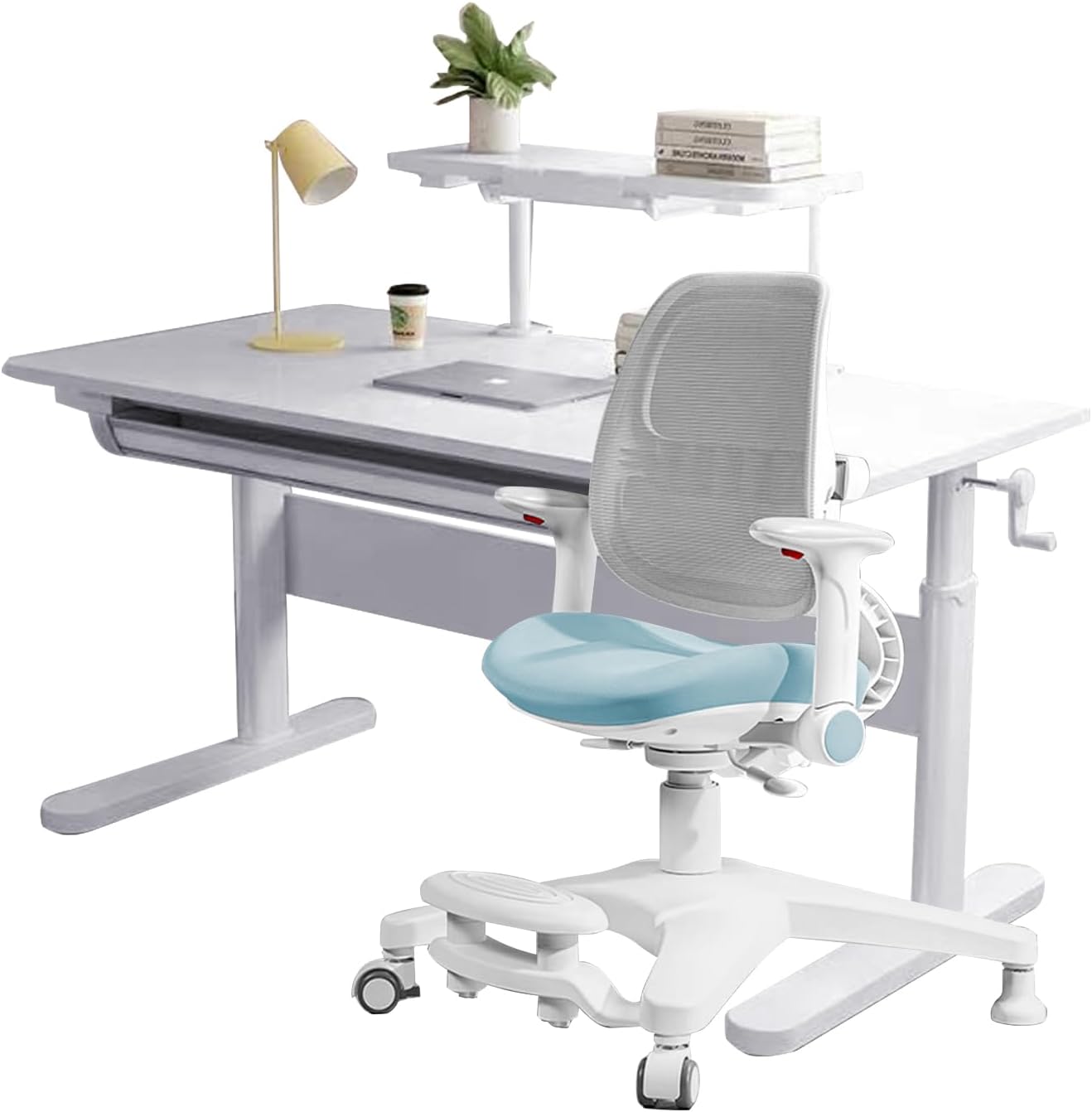 FCD Kids Desk and Chair Wood Adjustable Height Study Reading Drawing Desk Homework Station with Small Shelf, Tiltable Desktop and Pull Out Drawer