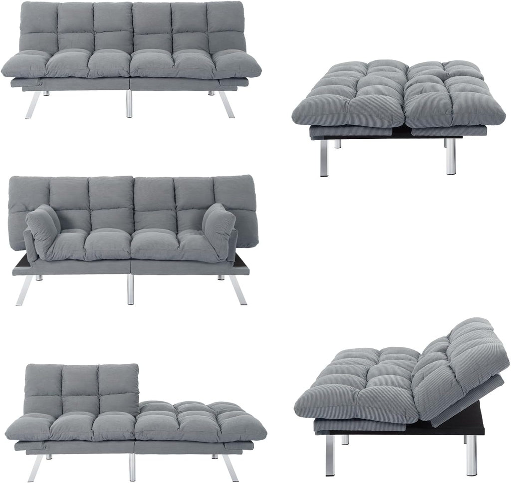Modern Light Gray Corduroy Convertible Folding Futon Couch Sofa Bed Adjustable Pillow Top Arm Memory Foam Couch Double Loveseat Sofa for Compact Living Space, Apartment, Bedroom (67.3' Light Gray)