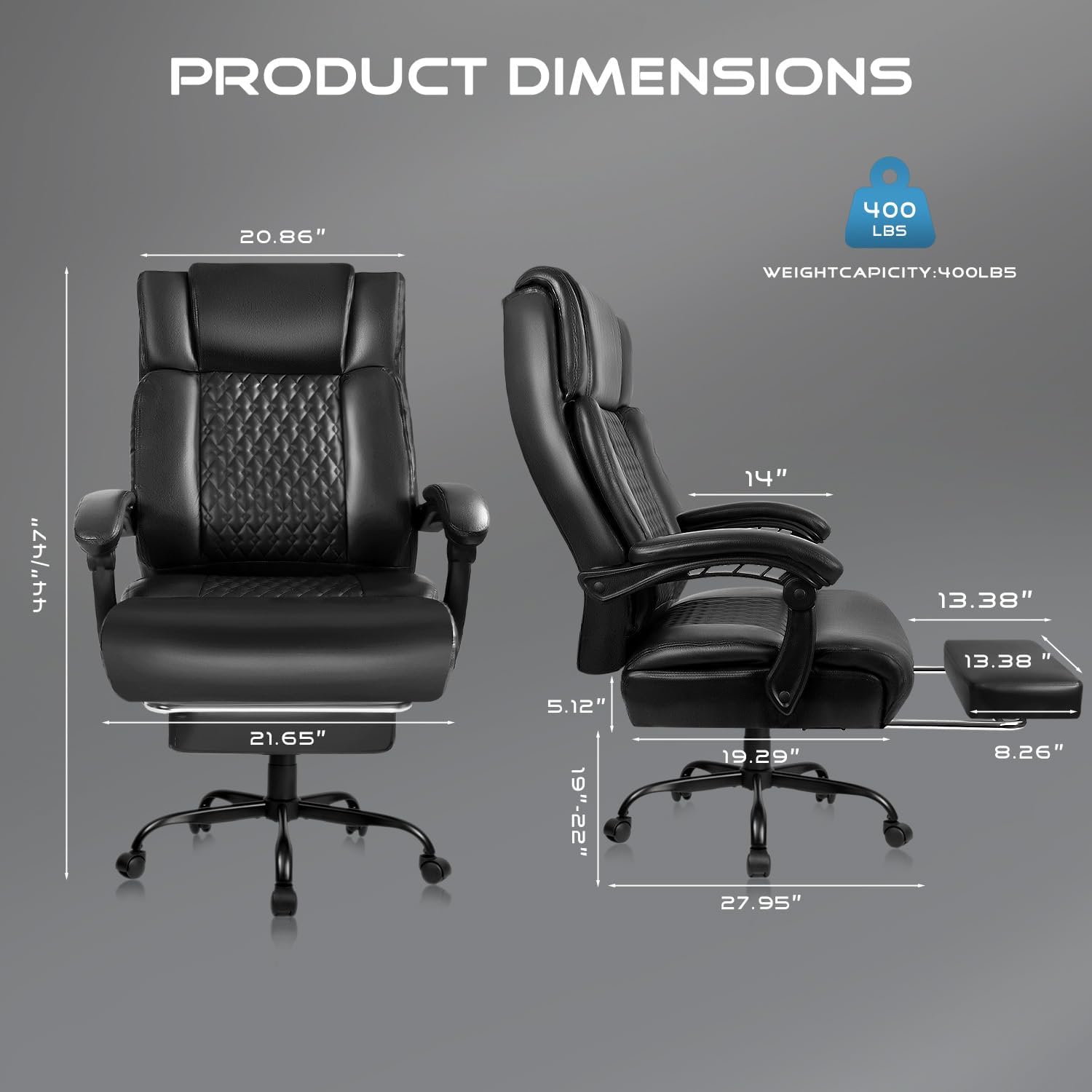 VITESSE Executive Heavy Duty Office Chair with Foot Rest, Ergonomic High Back Computer Gaming Chair, Big and Tall, 400lbs, Lumbar Support (Black)