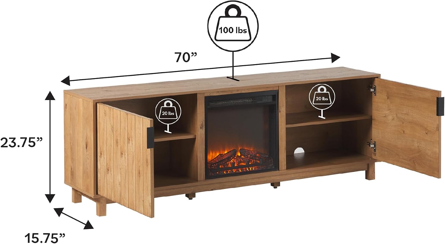 Walker Edison Arundo Reeded TV Stand with Fireplace & Storage, 70' Fireplace, English Oak