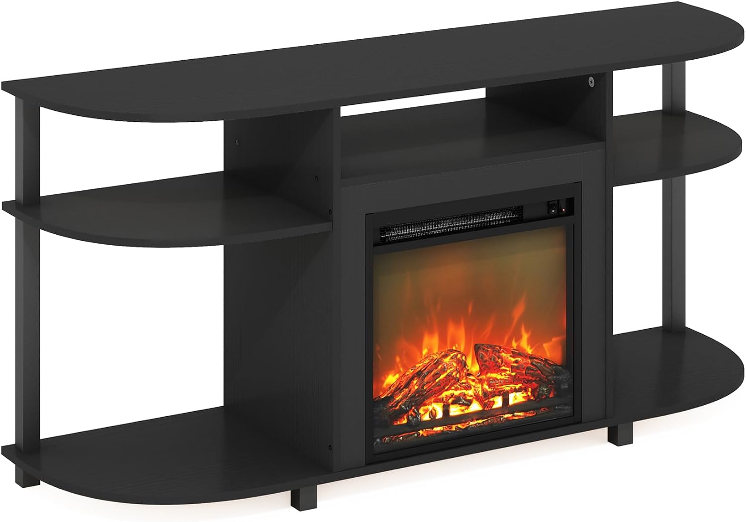 Furinno Jensen Fireplace TV Stand, Curved Entertainment Center, TV Console for TV up to 55 Inch with Fireplace and Open Storage, for Living Room, Bedroom, Americano