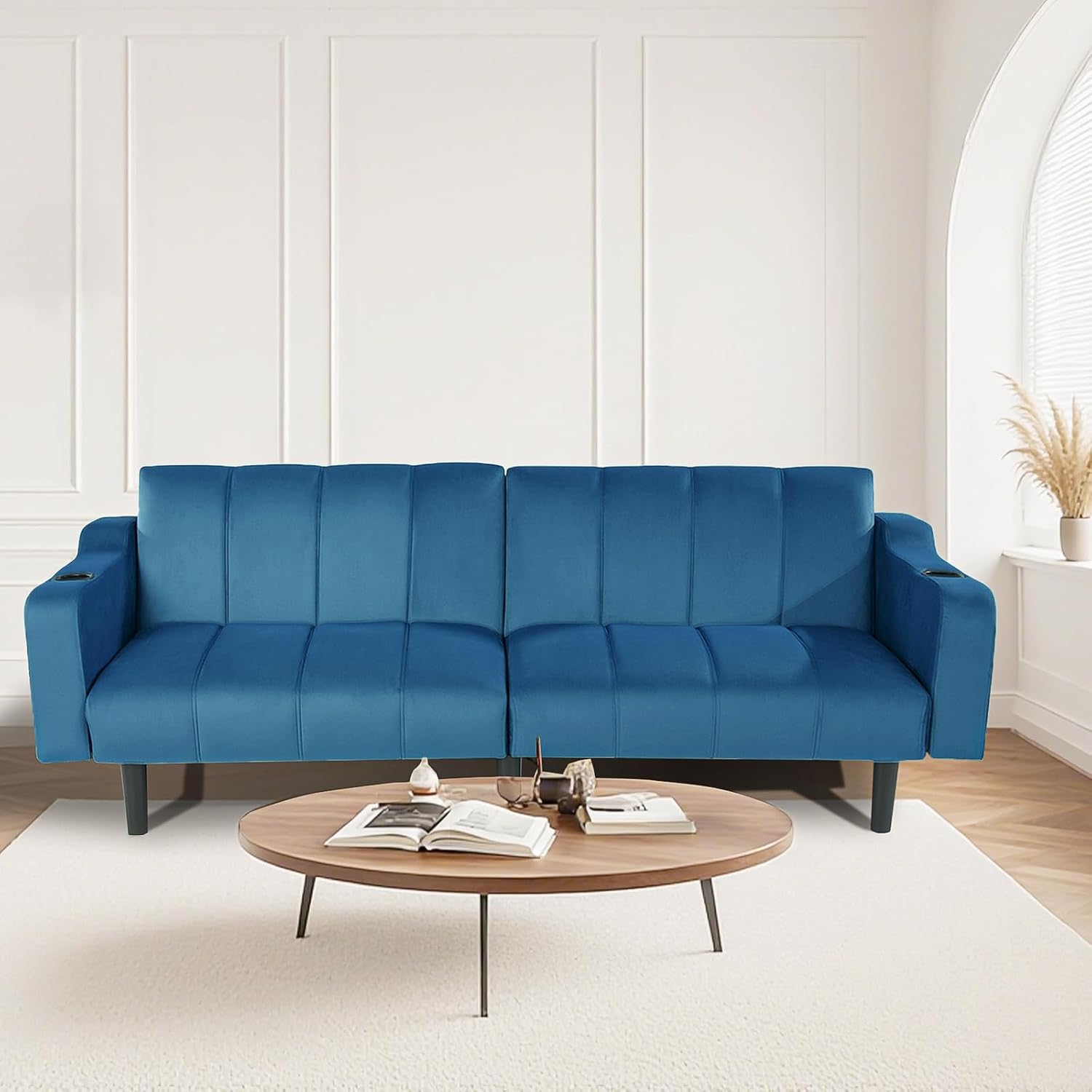 80' Velvet Futon Sofa Bed, Convertible Sleeper Loveseat with Cup Holders & Storage Pockets, Mid Century Modern Couch for Living Room, Bedroom, Office, Small Space (Dark Blue)