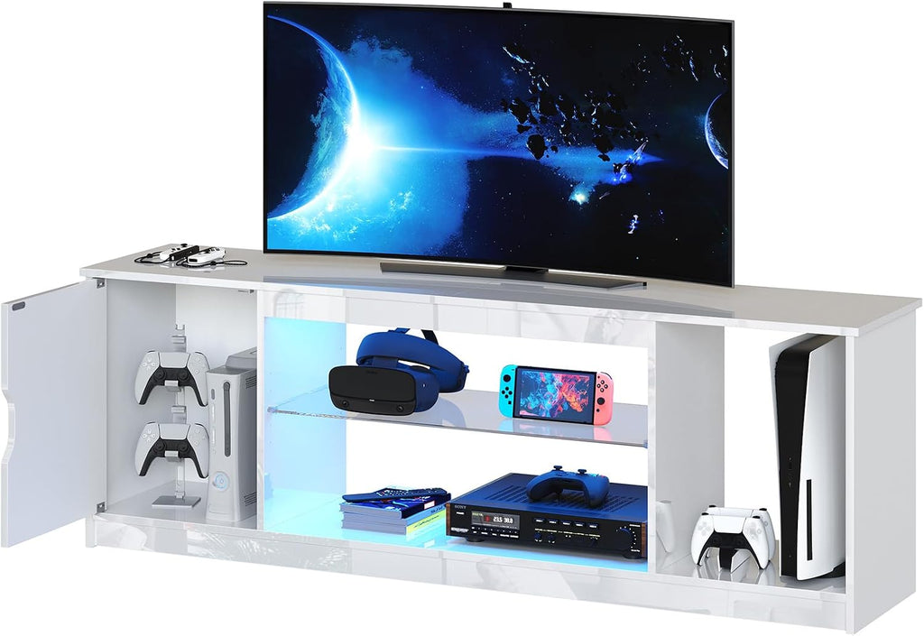 Bestier 57' Gloss White TV Stand for 65' TVs - Modern Gaming Console Unit with Glass Shelves, PS5/Xbox Cabinet, Adjustable Height Entertainment Center for Bedroom & Living Room