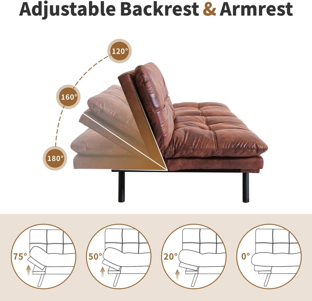 MUUEGM Futon Sofa Bed, 71' Folding Recliner Lounge with Adjustable Backrest & Armrests, Comfy Loveseat Sleeper Couch for Compact Spaces, Faux Leather, Brown