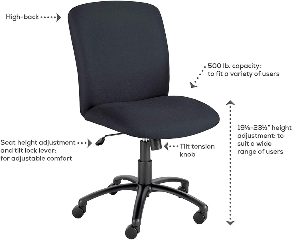 Safco High Back Big and Tall Swivel Desk Task Chair Adjustable Height and Rolling Base, Rated for 24-7 Use, 500 lbs. Weight Capacity, Work or Home Office, Black (3490BL)