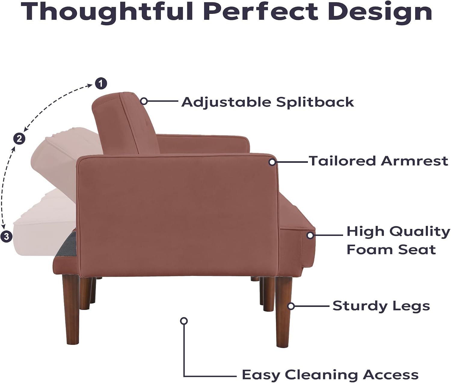 Furnify 71' Velvet Futon Sofa Bed, Versatile Loveseat Couch, Sleeper Sofa with Adjustable Backrest, Mid Century Modern Futon Couch for Small Space, Living Room, Office & Apartment, Velvet Fabric Pink