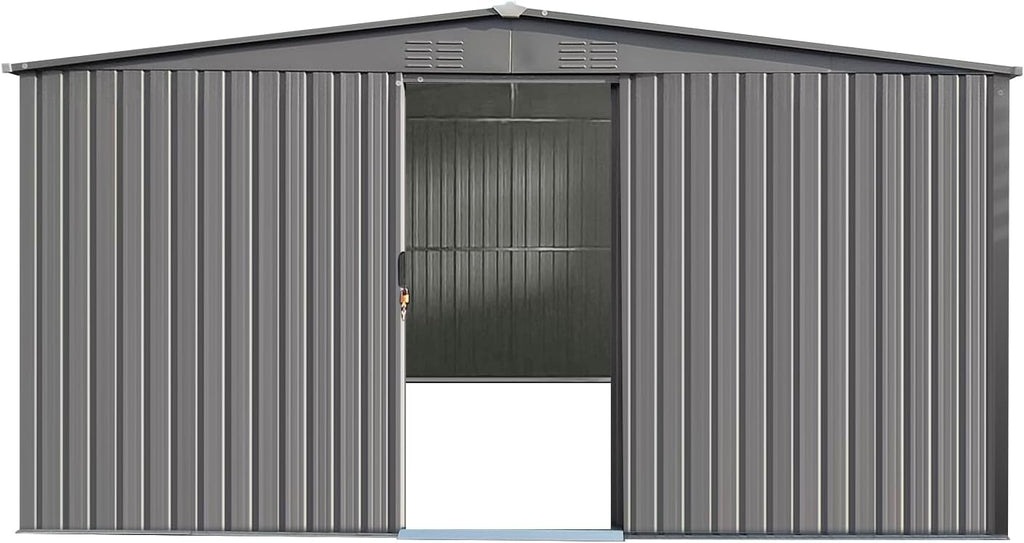 YOPTO 11x13 FT Outdoor Storage Shed,Metal Waterproof Tool House with Firewood Shed and 2 Integrated Punched Vents,2-in-1 Garden Storager Apex Roof Shelter w/Window & Door for Wood,Bicycles,Grey