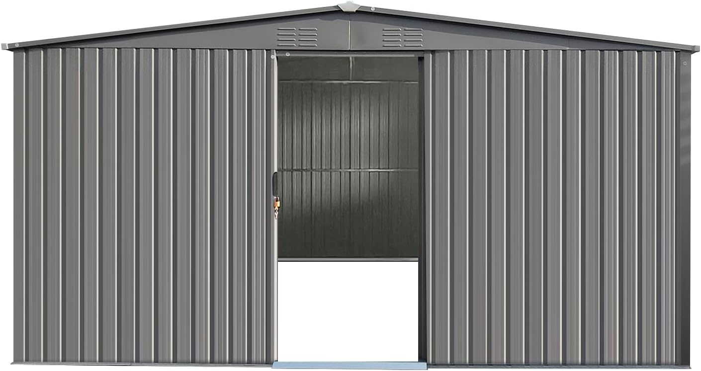 YOPTO 11x13 FT Outdoor Storage Shed,Metal Waterproof Tool House with Firewood Shed and 2 Integrated Punched Vents,2-in-1 Garden Storager Apex Roof Shelter w/Window & Door for Wood,Bicycles,Grey