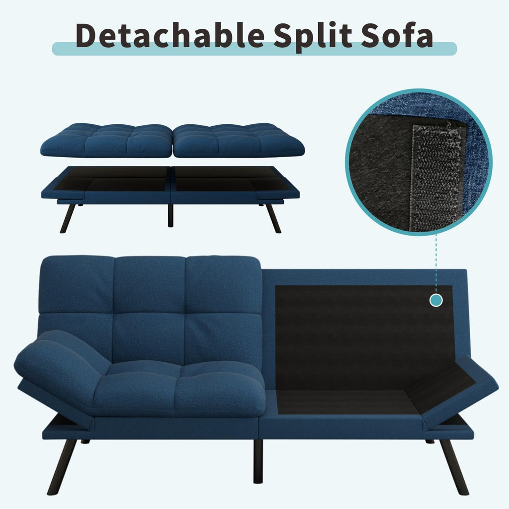 MUUEGM Futon Sofa Bed, 71' Comfortable Memory Foam Futon Sofa with Adjustable Backrest & Armrests,Convertible Folding Loveseat Recliner Sleeper Sofa Bed for Compact Living Room, Apartment, Office,Blue