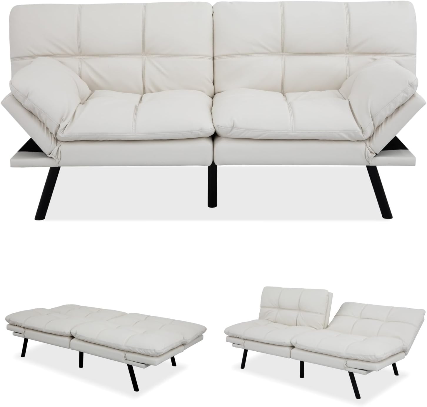 MUUEGM Futon Sofa Bed Memory Foam White Futons Modern Office Couch Sleeper Bed Convertible Love seat Sofa for Small Spaces,Apartment,Office with Adjustable Armrest Backrest