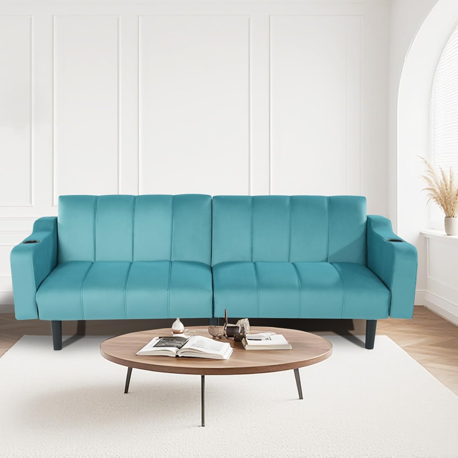 80' Velvet Futon Sofa Bed, Convertible Sleeper Loveseat with Cup Holders & Storage Pockets, Mid Century Modern Couch for Living Room, Bedroom, Office, Small Space (Teal Blue)