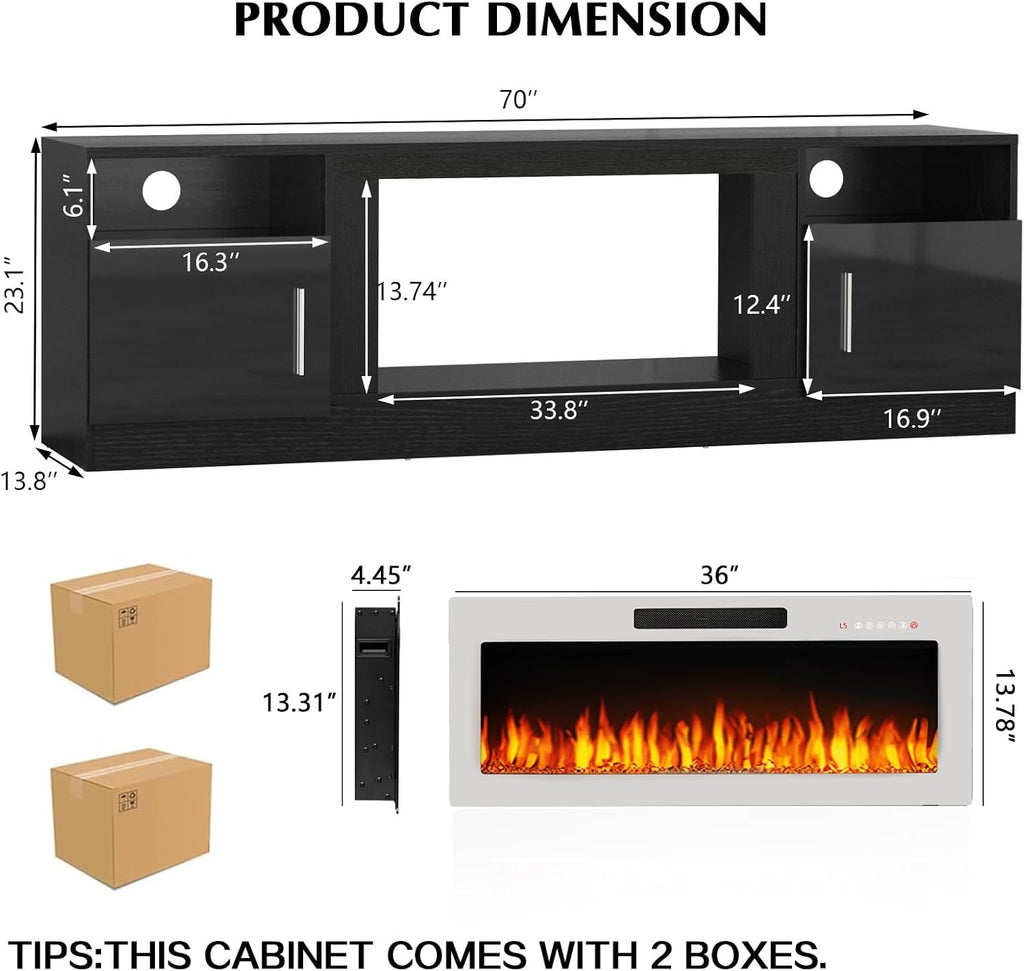 Lemberi Fireplace tv Stand with 36 inch White Fireplace Up to 80' TVs,LED Light Entertainment Center and Storage, 70' Modern Wood Media TV Console with Highlight Cabinet for Living Room