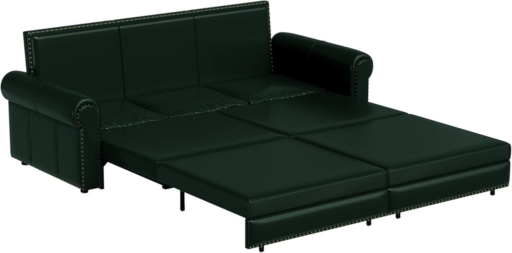 93.7' King Pull Out Sofa Bed, Faux Leather Sleeper Sofa Couch, 3 in 1 Convertible Futon Couches for Living Room, Small Space, Apartment, Office, Bedroom, Modern Rivet Armrest, Green