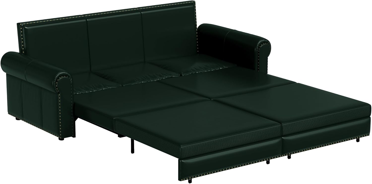 93.7' King Pull Out Sofa Bed, Faux Leather Sleeper Sofa Couch, 3 in 1 Convertible Futon Couches for Living Room, Small Space, Apartment, Office, Bedroom, Modern Rivet Armrest, Green
