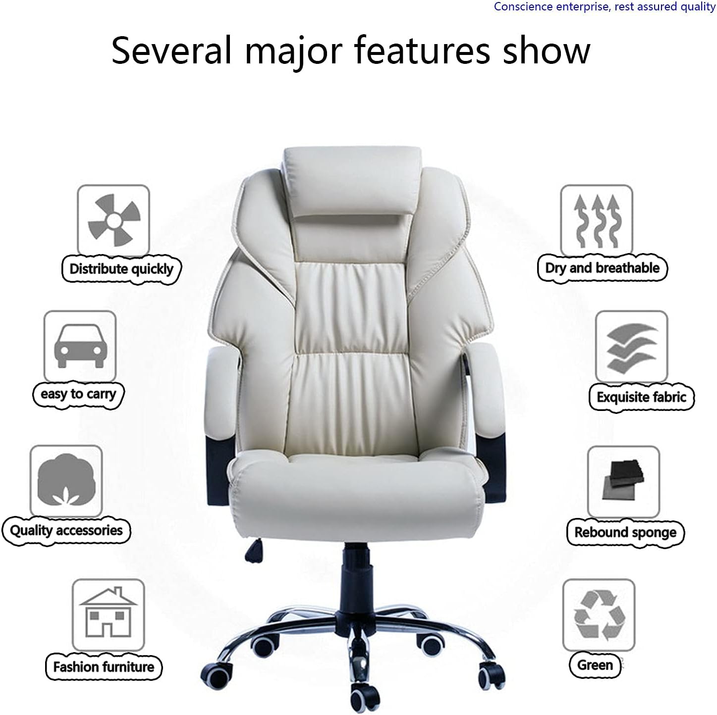 Office Chair Computer Desk Chair Gaming Chair 400 Lb Weight Capacity, Gaming Chair White Genuine Leather Office Chair Computer Executive Desk Chair Adjustable Office Lounge Chair,Khaki ( Color : White