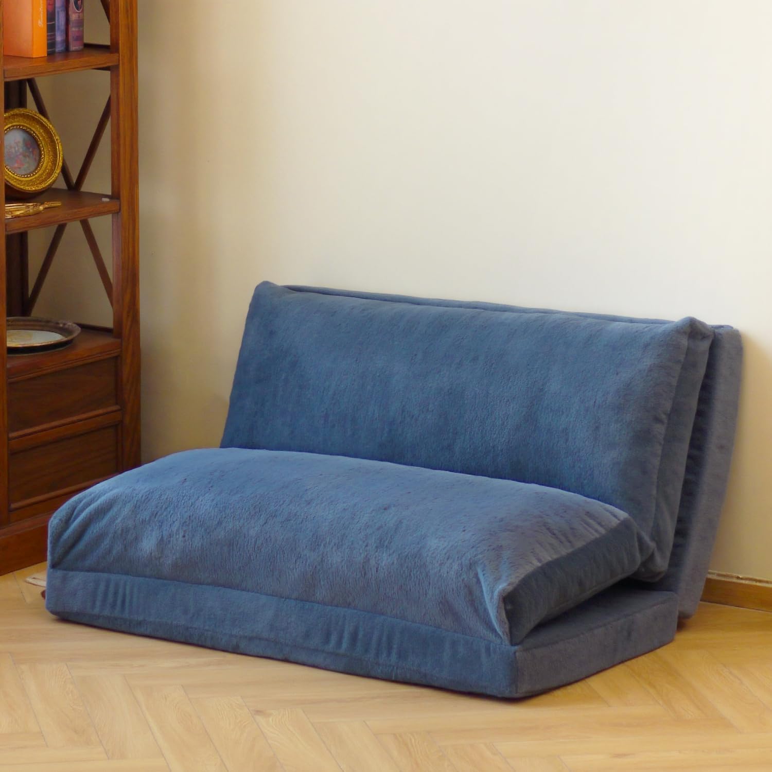 N&V Folding Matress Sofa Bean Bag Bed, Foam Filling Folding Matress Sofa, Includes Removable and Machine Washable Cover, Soft Premium Faux Fur (Medium, Blue)
