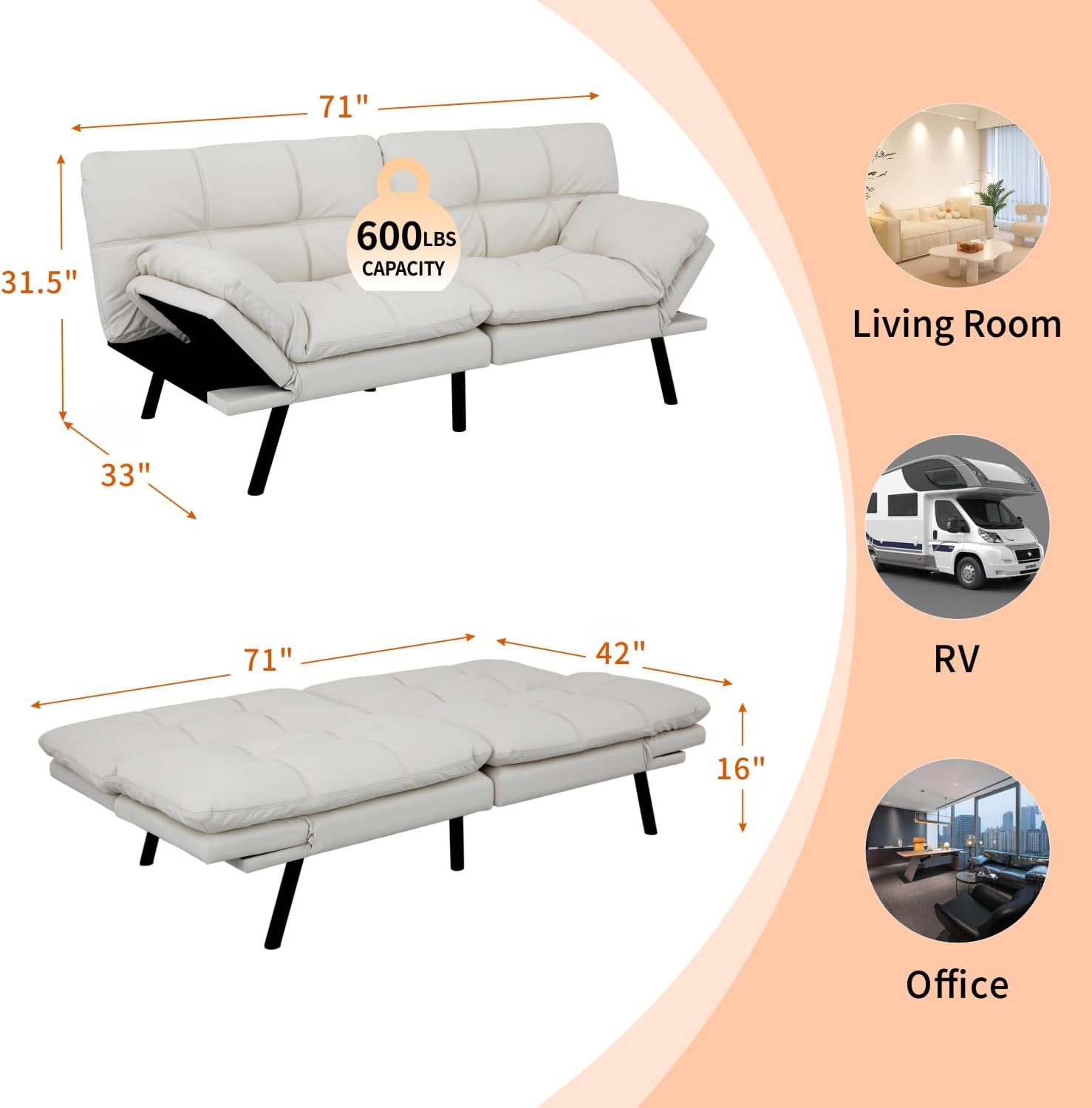 MUUEGM Futon Sofa Bed 71' Ivory Convertible Memory Foam Futon Couch Bed Modern Loveseat Sleeper with Adjustable Backrests Armrests for Living Room,Small Space,Office