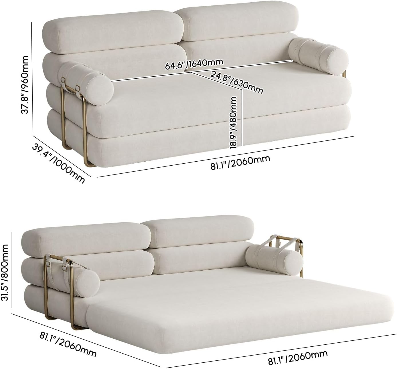 homary Velvet Futon Sofa Bed, 81' Convertible Sleeper Couch with Detachable Bolster Pillows, Stainless Steel Legs, Modern 3-Seater Sofa for Living Room, Apartment & Small Spaces (White)