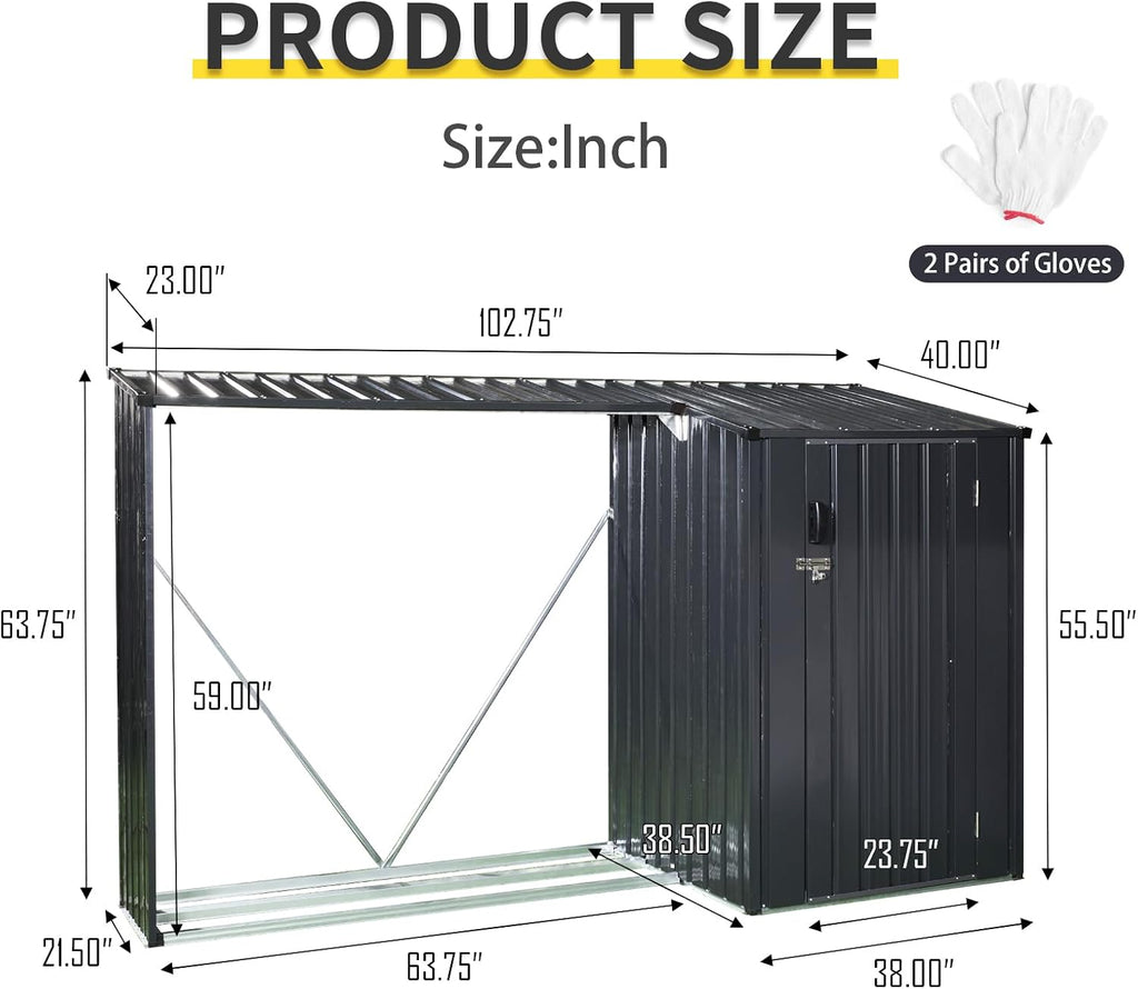 JT 9 x 3 FT Metal Firewood Rack, Galvanised Steel Garden Log Storage Shed, Metal Firewood Shed Holder, Outdoor Log Rack for Backyard, Two-in-One, Black