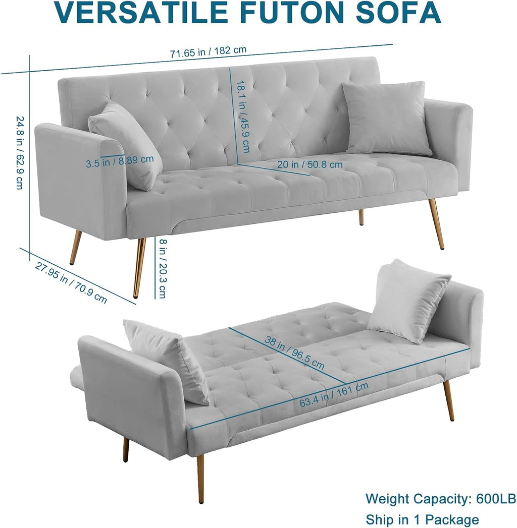 71.65'' Convertible Sofa Bed Modern Futon Set, Velvet Foldable Reclining Loveseat, Three Adjustment Angles,Mid Century Modern Couches for Living Room/Bedroom/Apartment, Easy Assembly,Grey