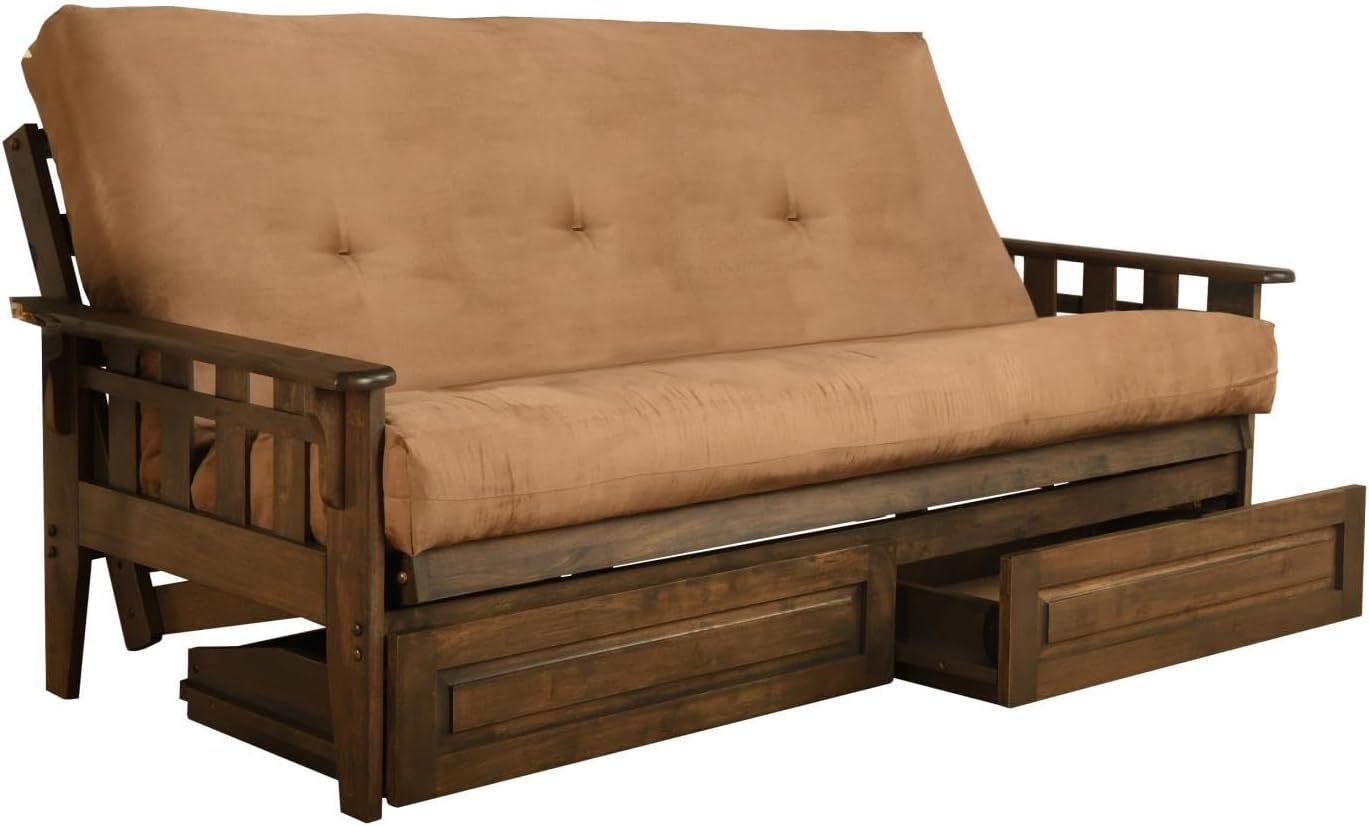 FutonX Rustic Walnut Frame and Mattress Set with Choice to add Drawers, 8 Inch Innerspring Futon Sofa Bed Full Size Wood (Biege Matt, Frame and Drawers)