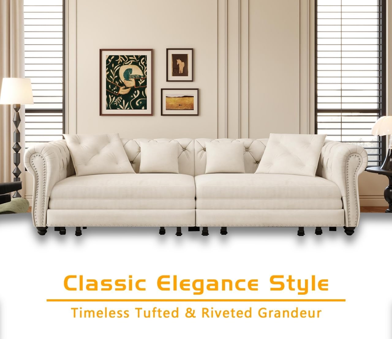 89' King Pull Out Sofa Bed, Velvet Chesterfield Sleeper Sofa Couch, 3 in 1 Convertible Tufted Futon Couches with Ottoman for Living Room, Small Space, Apartment, Office, Bedroom, Beige