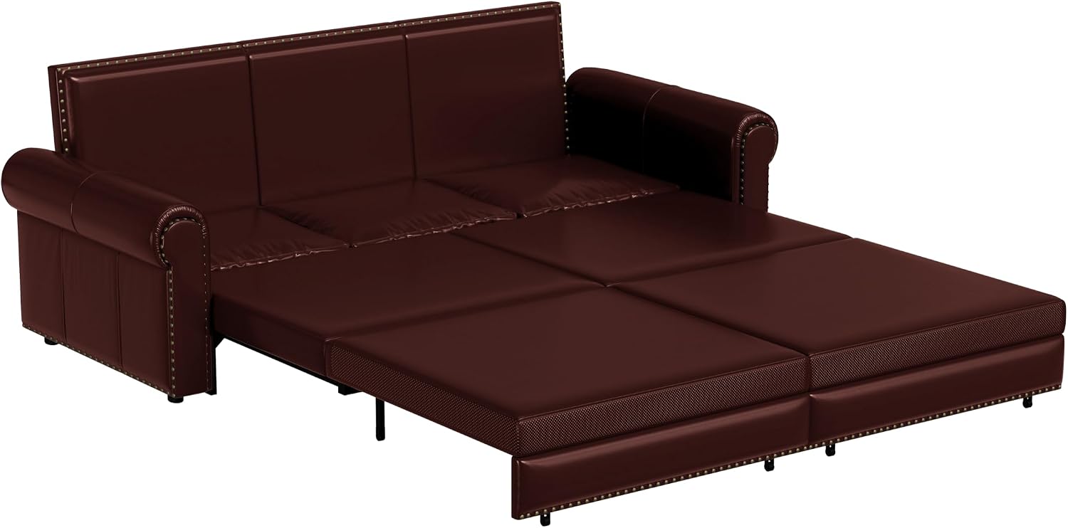 93.7' King Pull Out Sofa Bed, Faux Leather Sleeper Sofa Couch, 3 in 1 Convertible Futon Couches for Living Room, Small Space, Apartment, Office, Bedroom, Modern Rivet Armrest, Burgundy
