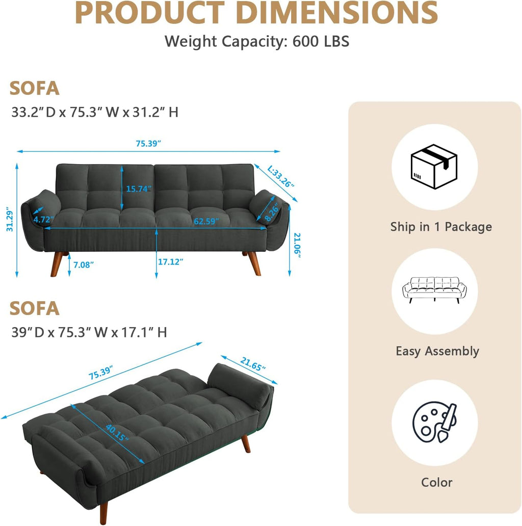 75' Convertible Futon Sofa Bed, Sleeper Couch Bed with Adjustable Backrest, Small Couches for Small Spaces, Living Room, Bedroom and Office (Dark Gray)