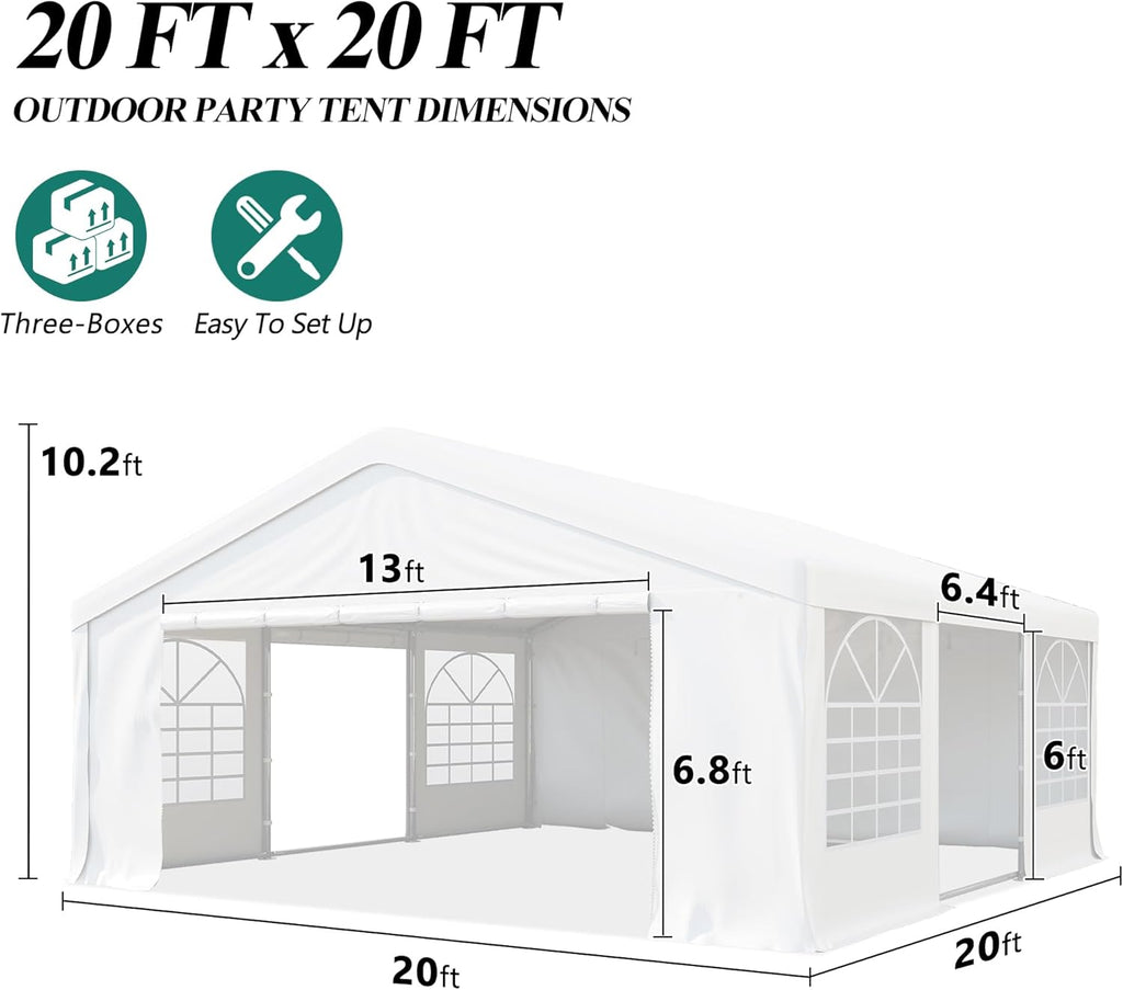 GARTOO 20' x 20' Heavy Duty Party Tent - Outdoor Wedding Gazebo Event Shelter Canopy with Removable Sidewall & 4 Sand Bags for Outdoor Event, Wedding, Birthday Party