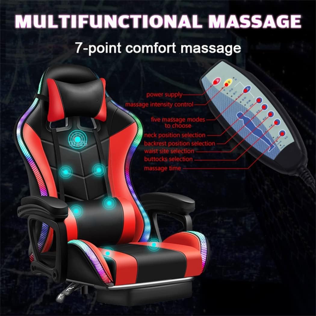 Gaming Chair with Bluetooth Speakers and RGB LED Lights, Video Game Chair, PU Leather High Back Computer Chair, Adjustable Reclining Racing Office Swivel Chair for Adult Teens,Pink