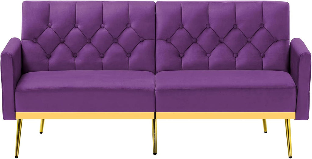 Velvet Sofa Bed w/Adjustable Armrests and Backrests, Modern Convertible Sleeper Sofa, Tufted Futon Sofa for Bedroom, Living Room, Apartment, Purple