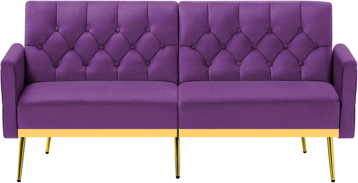 Velvet Sofa Bed w/Adjustable Armrests and Backrests, Modern Convertible Sleeper Sofa, Tufted Futon Sofa for Bedroom, Living Room, Apartment, Purple