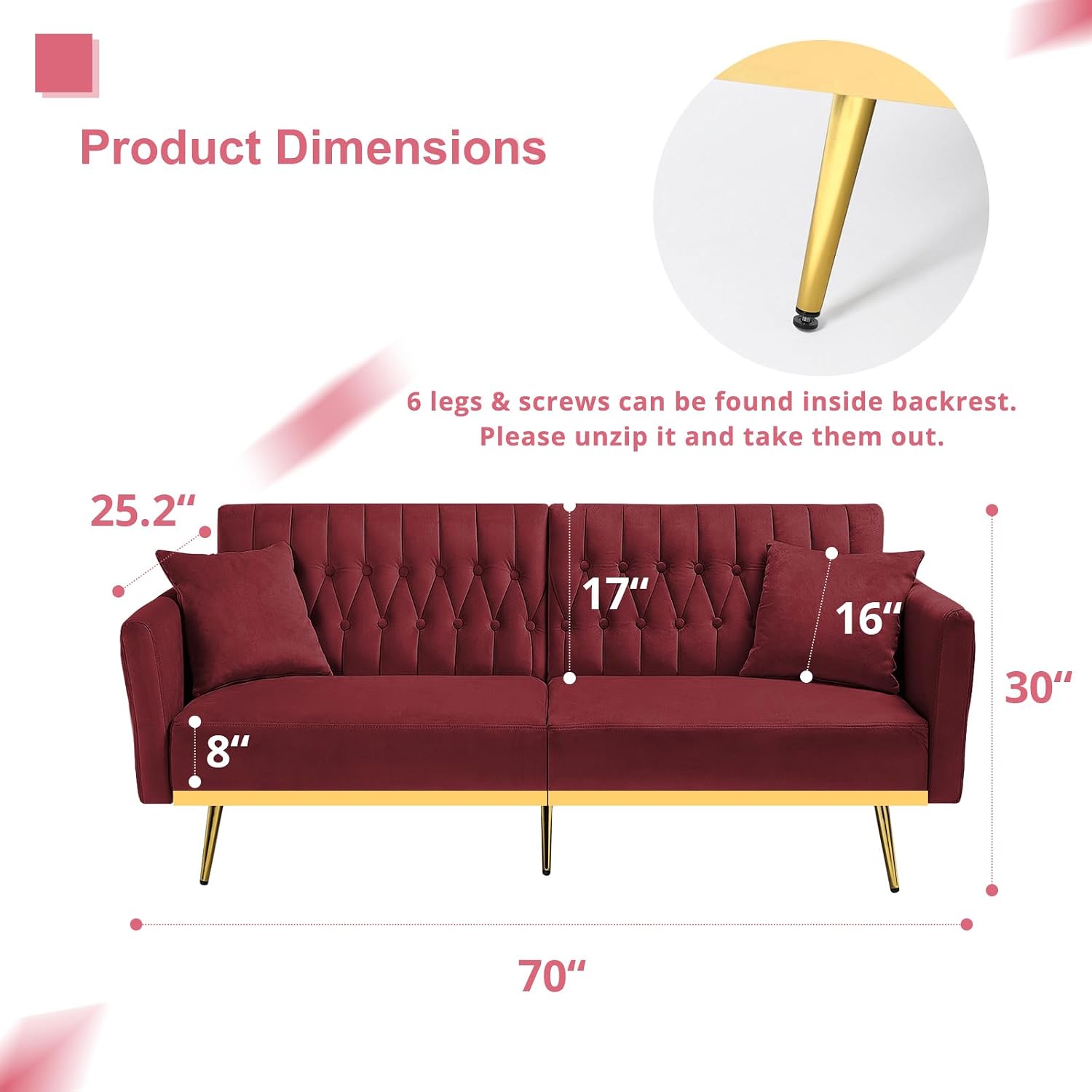 2 Pieces Velvet Sofa Set with Adjustable Armrest and Backrest, 70' Convertible Futon Sofa Bed & Mordern Accent Chair with Ottoman for Living Room, Bedroom, Red