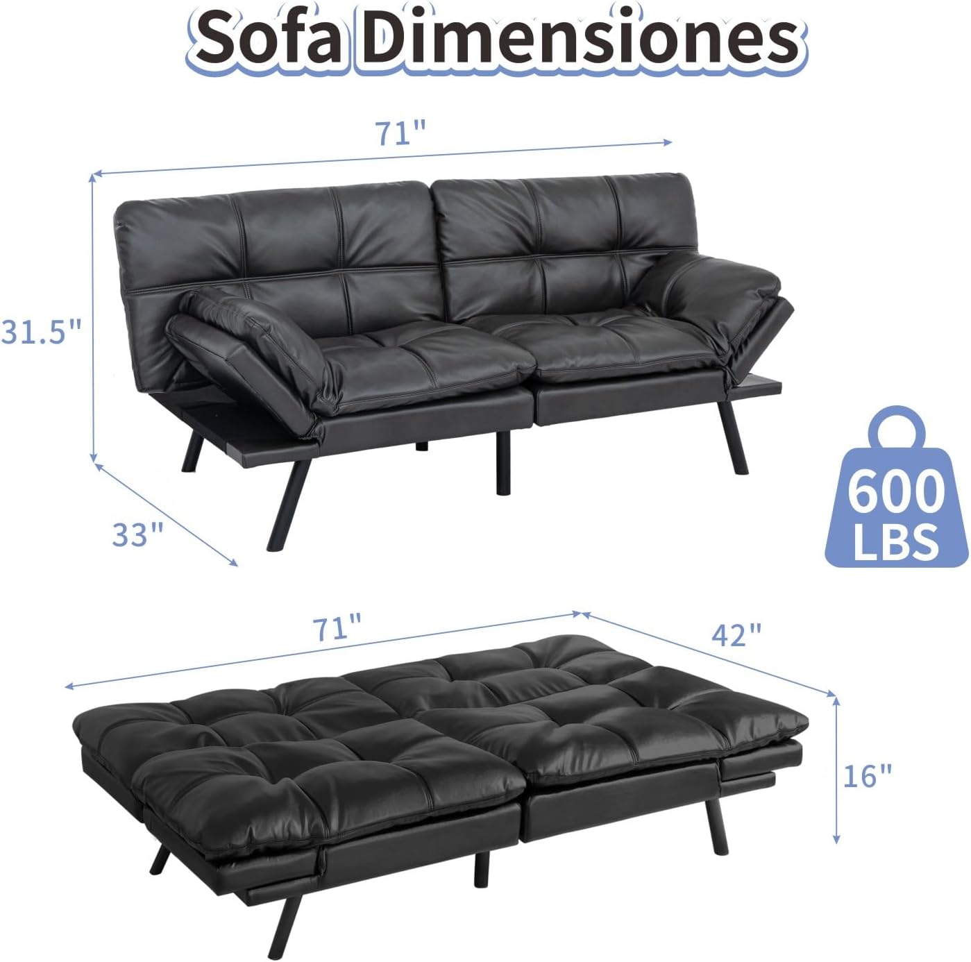 MUUEGM Futon Sofa Bed Memory Foam Matte Black Futons Modern Office Couch Sleeper Bed Convertible Love seat Sofa for Small Spaces,Apartment,Office with Adjustable Armrest Backrest