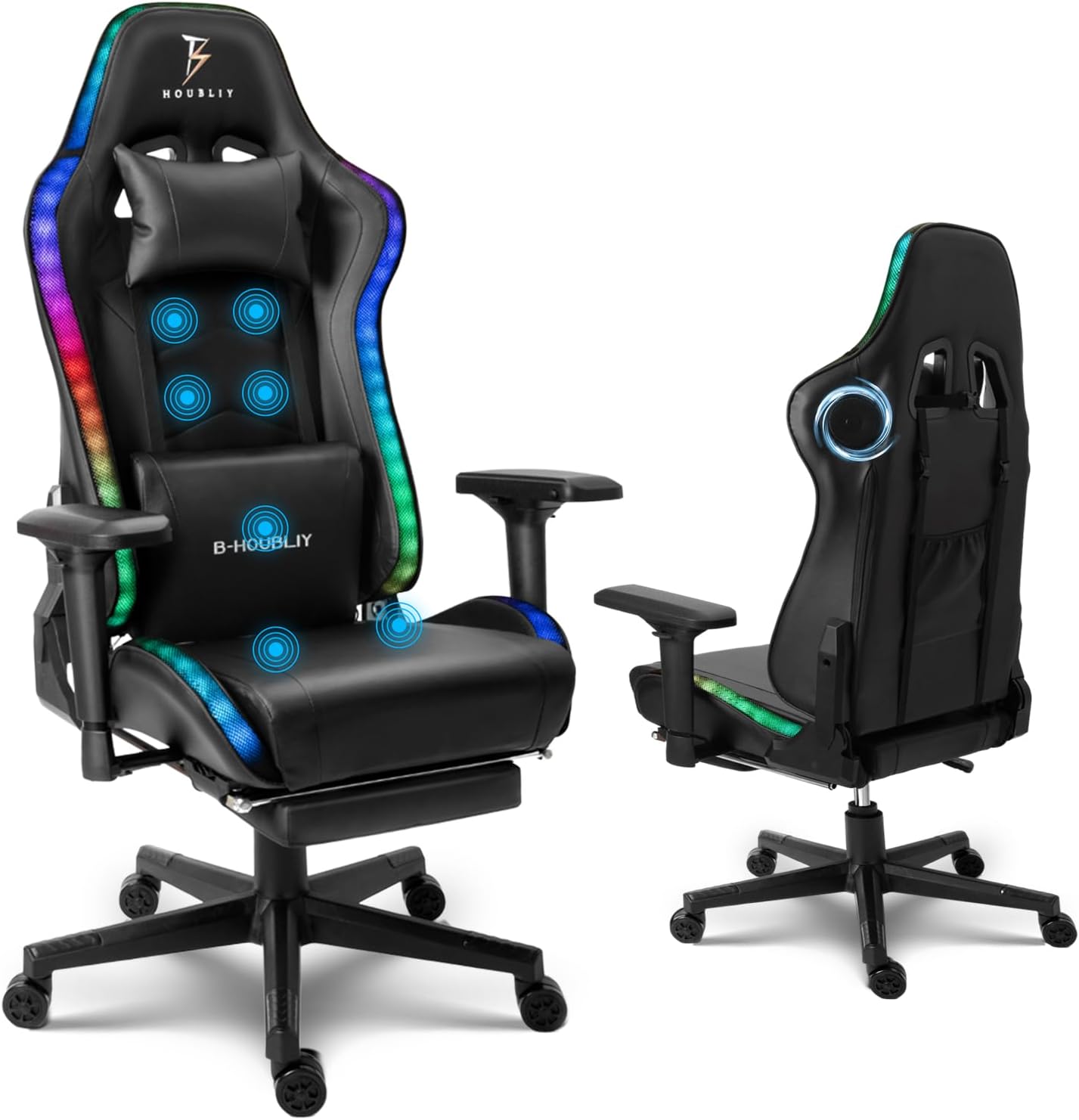Ergonomic Pro Gaming Chair with LED Lights and Speakers, Music Video Chair for Adults with Massage and Footrest, High Back Computer Chair with Headrest and Lumbar Support 4D Armrest,Black